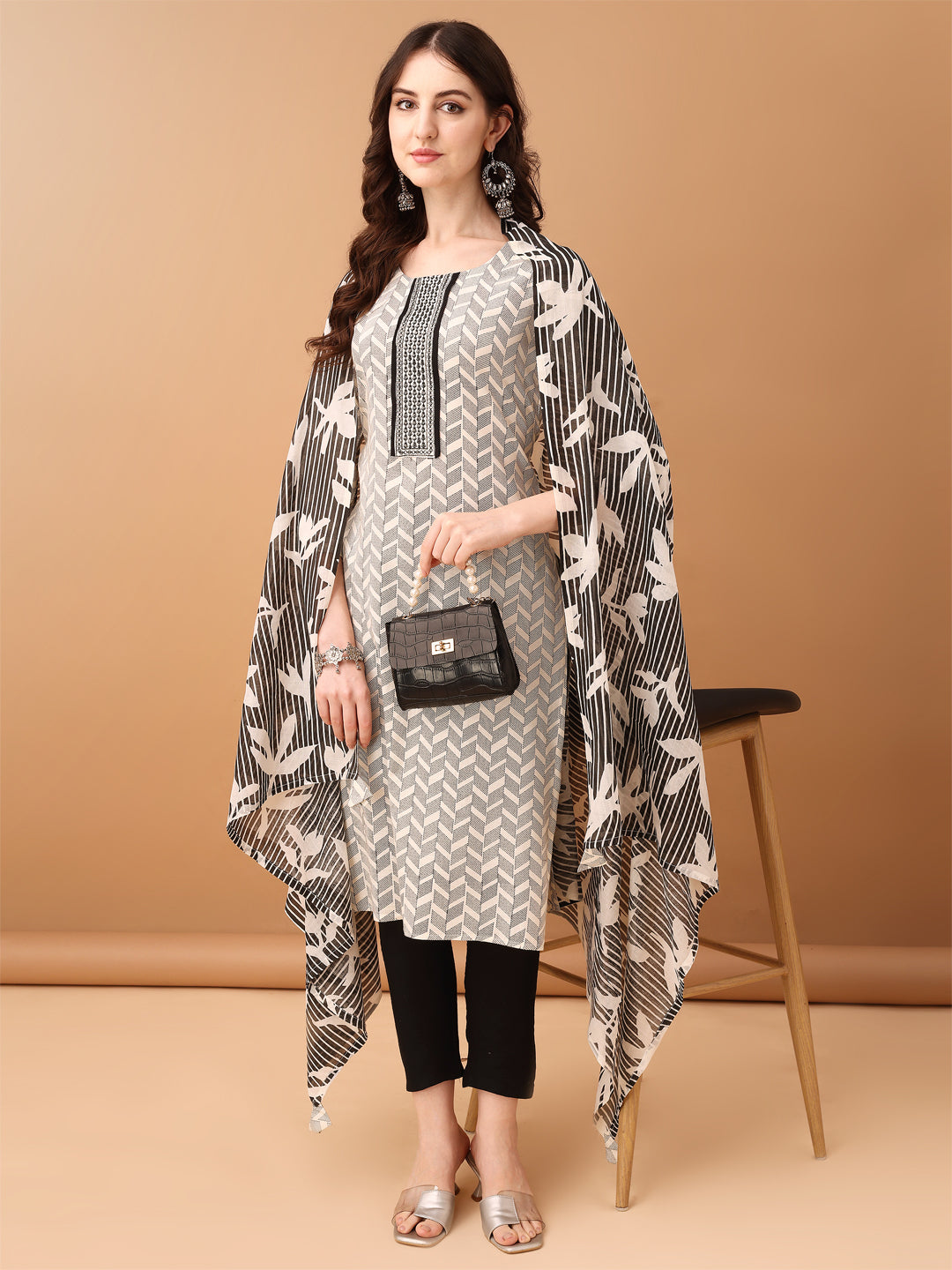 Embroidered & Printed Kurta With Pant & Printed Dupatta, Black - Hiral Fashion | Grocsy