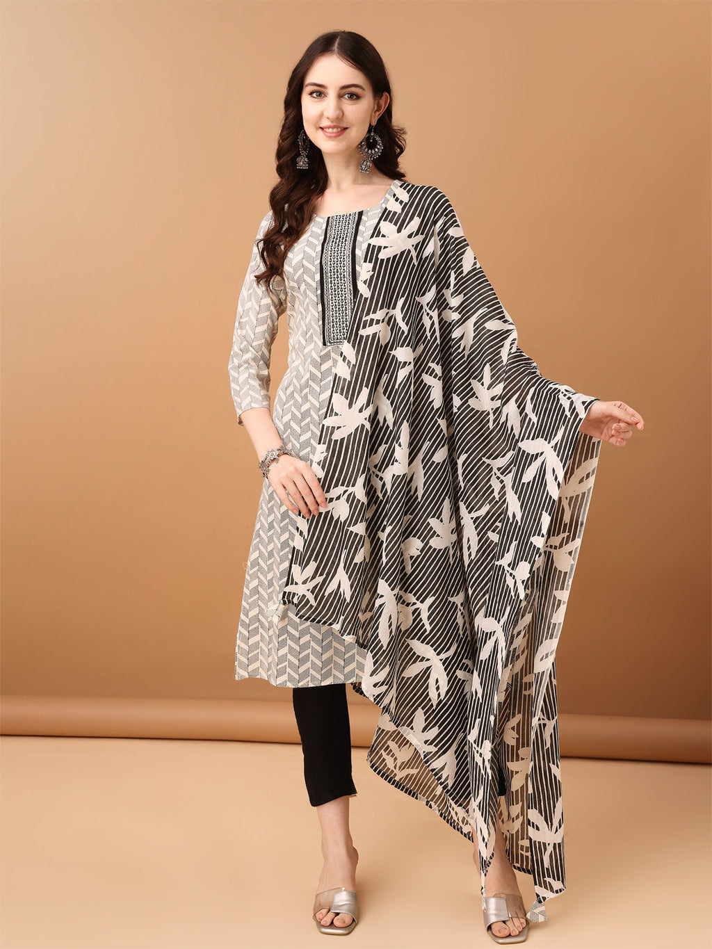 Embroidered & Printed Kurta With Pant & Printed Dupatta, Black - Hiral Fashion | Grocsy