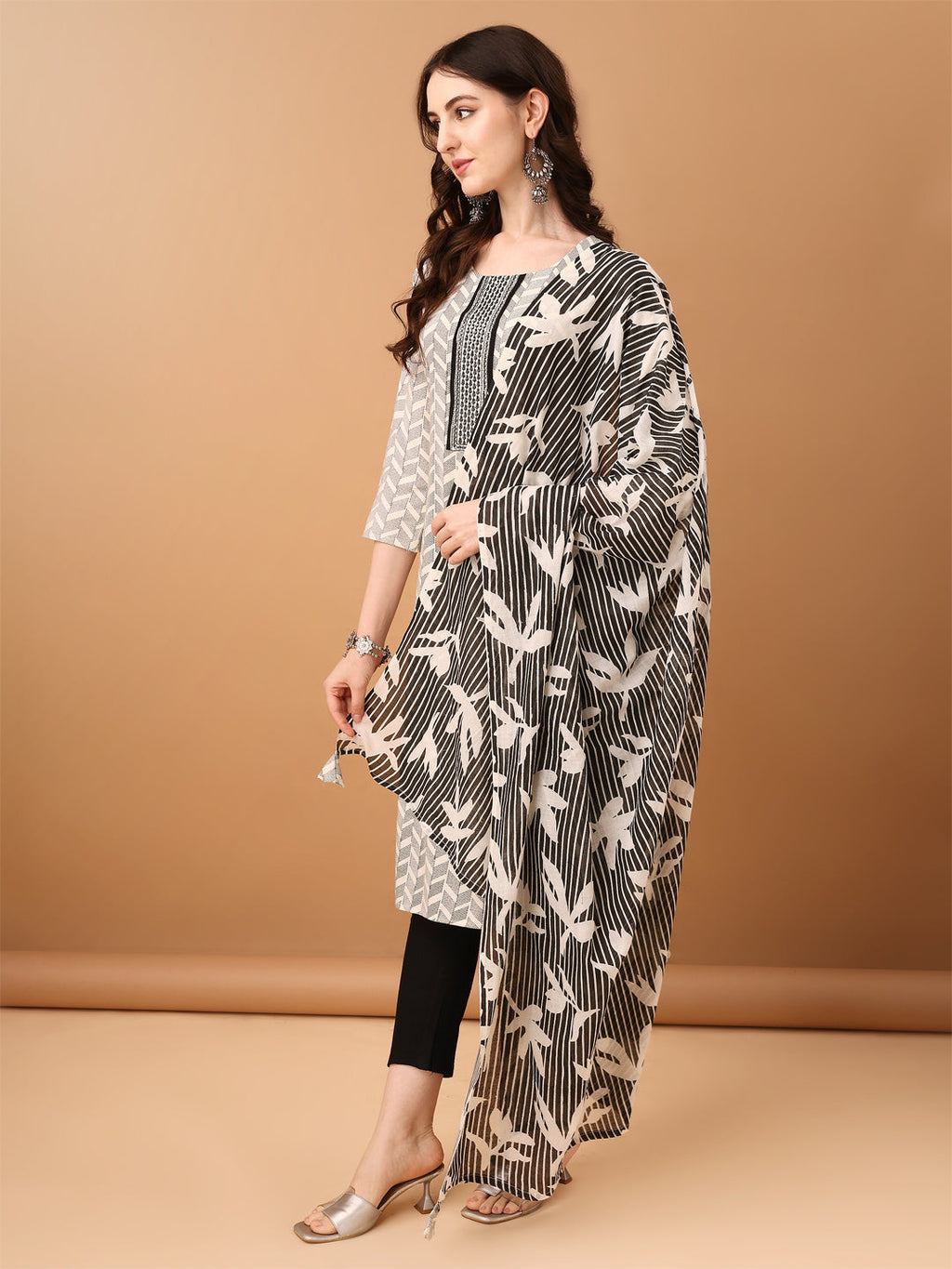 Embroidered & Printed Kurta With Pant & Printed Dupatta, Black - Hiral Fashion | Grocsy