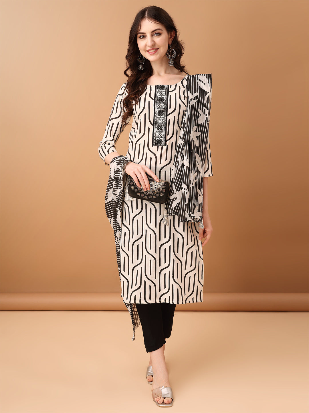 Embroidered & Printed Kurta With Pant & Printed Dupatta, Black - Hiral Fashion | Grocsy