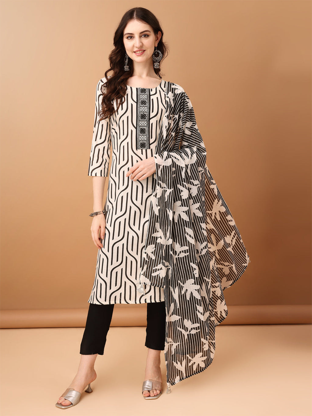 Embroidered & Printed Kurta With Pant & Printed Dupatta, Black - Hiral Fashion | Grocsy