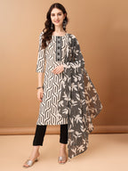 Embroidered & Printed Kurta With Pant & Printed Dupatta, Black - Hiral Fashion | Grocsy