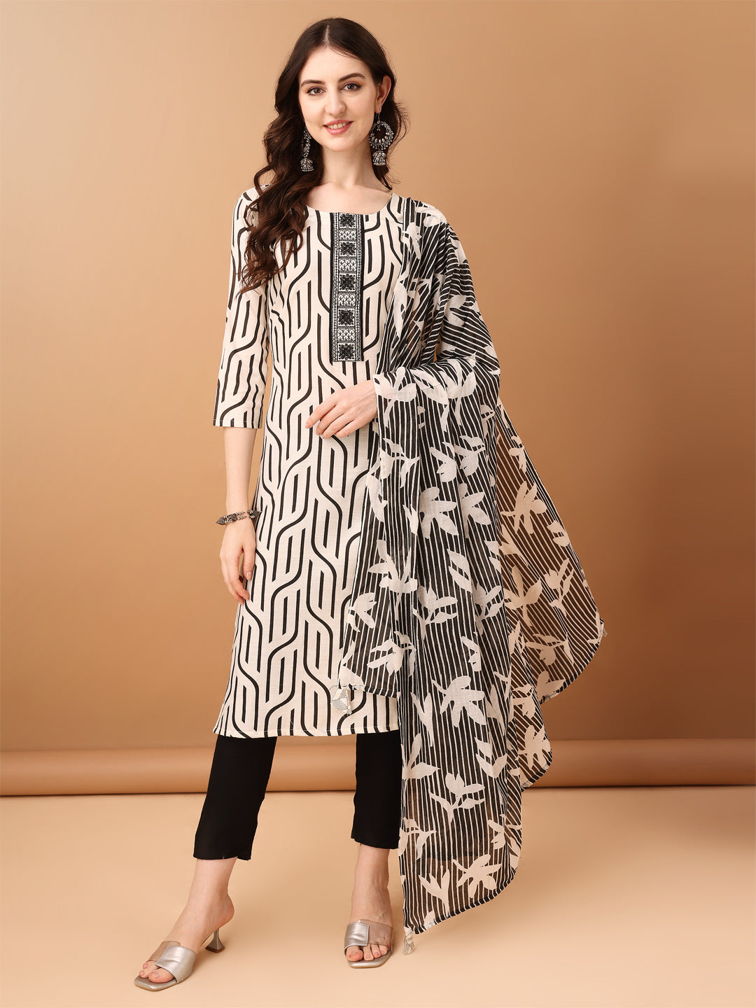 Embroidered & Printed Kurta With Pant & Printed Dupatta, Black - Hiral Fashion | Grocsy