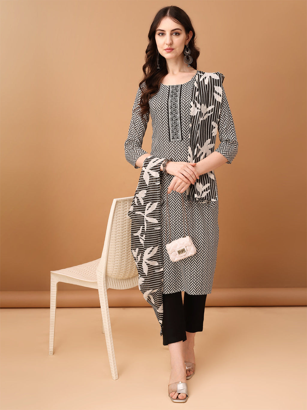 Embroidered & Printed Kurta With Pant & Printed Dupatta, Black - Hiral Fashion | Grocsy
