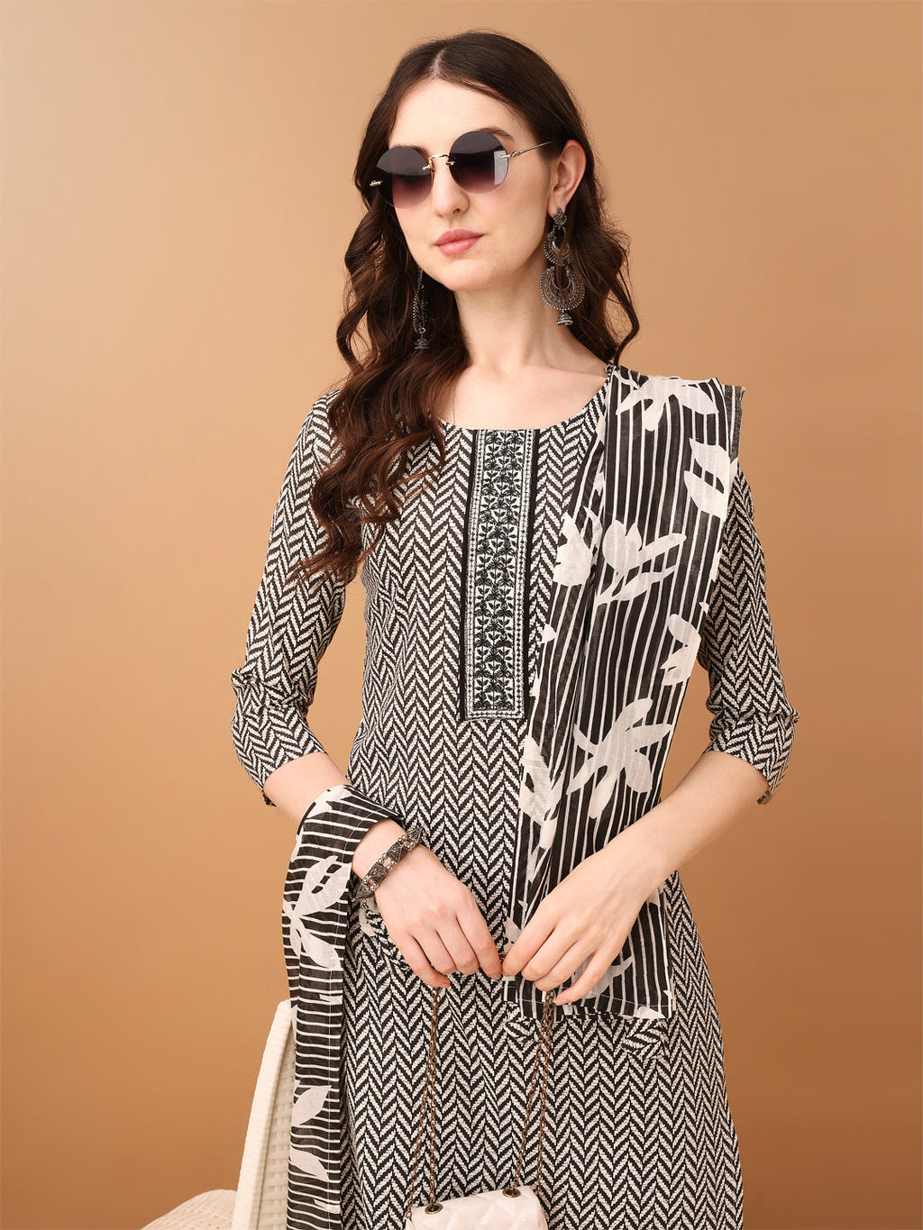 Embroidered & Printed Kurta With Pant & Printed Dupatta, Black - Hiral Fashion | Grocsy