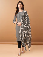 Embroidered & Printed Kurta With Pant & Printed Dupatta, Black - Hiral Fashion | Grocsy