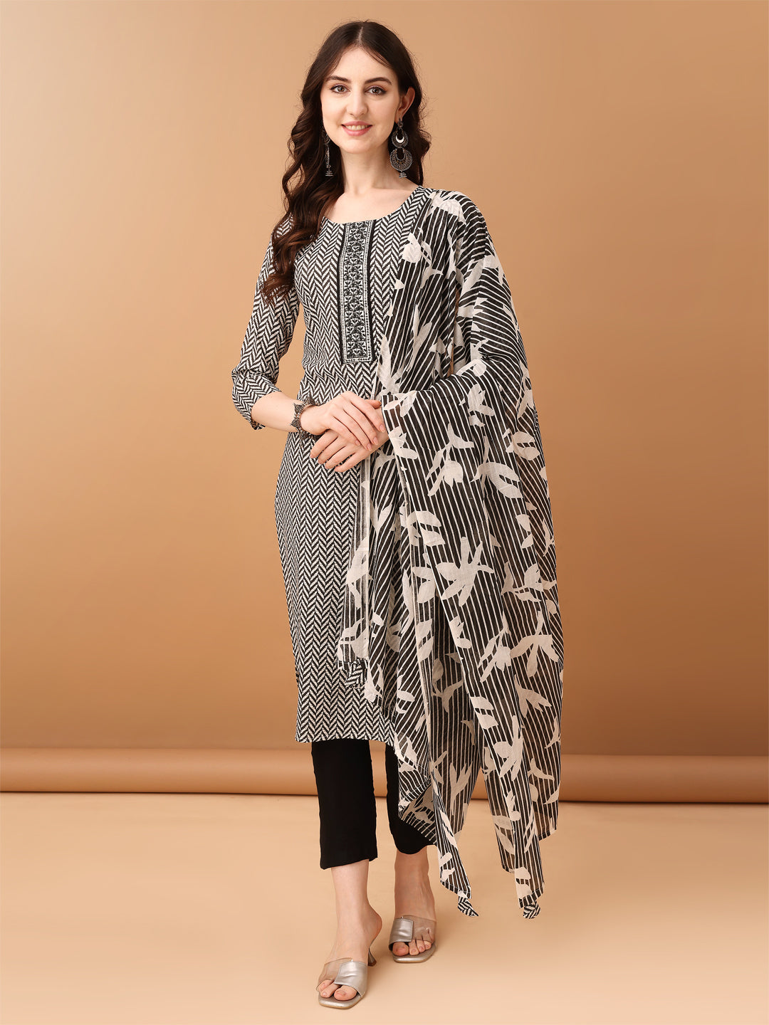 Embroidered & Printed Kurta With Pant & Printed Dupatta, Black - Hiral Fashion | Grocsy