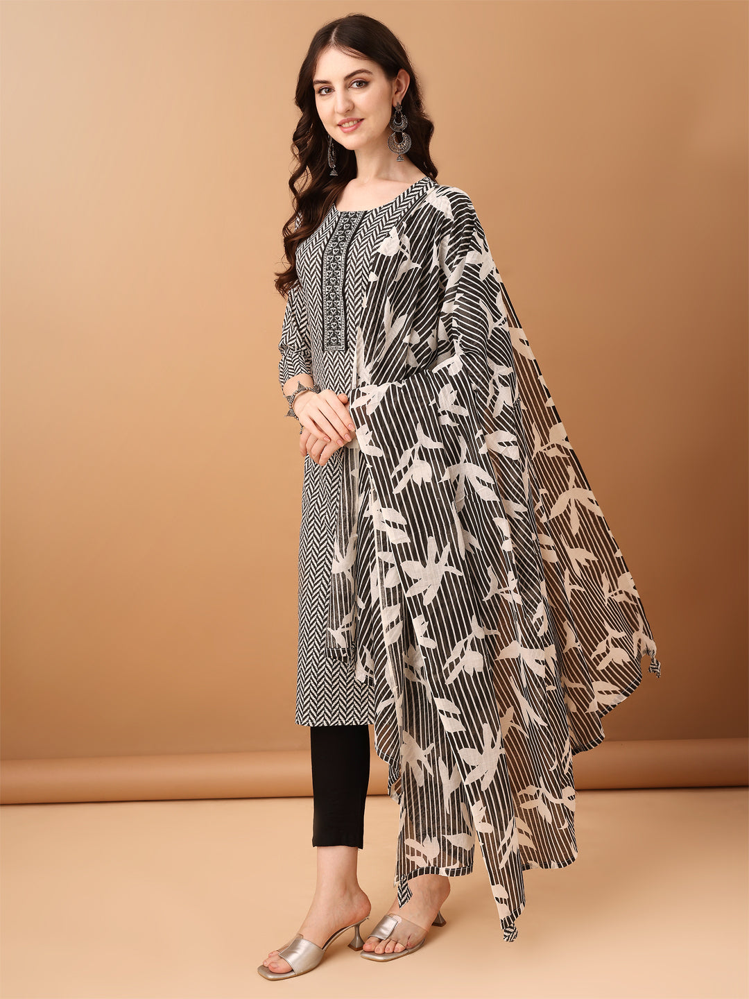 Embroidered & Printed Kurta With Pant & Printed Dupatta, Black - Hiral Fashion | Grocsy