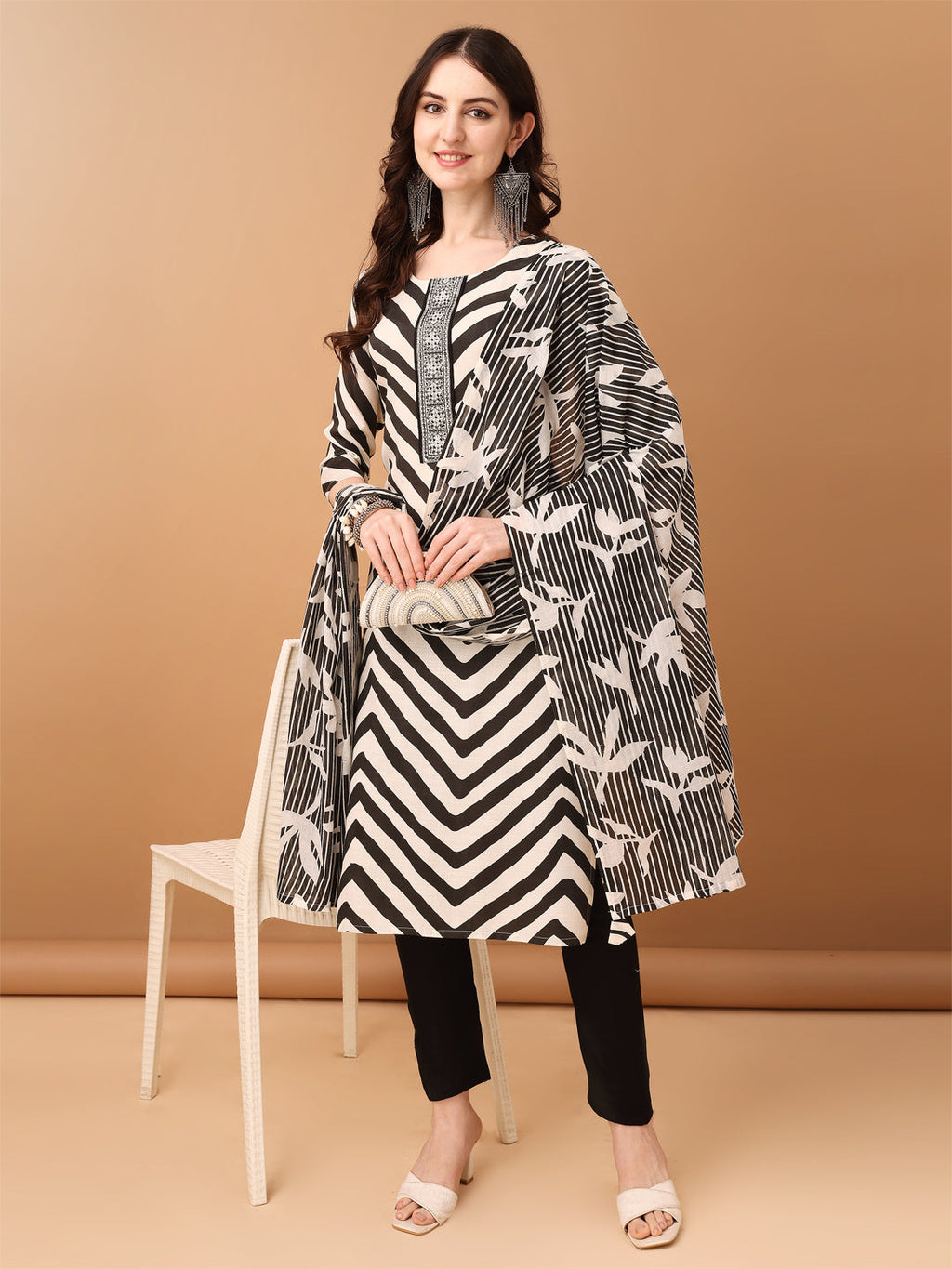 Embroidered & Printed Kurta With Pant & Printed Dupatta, Black - Hiral Fashion | Grocsy