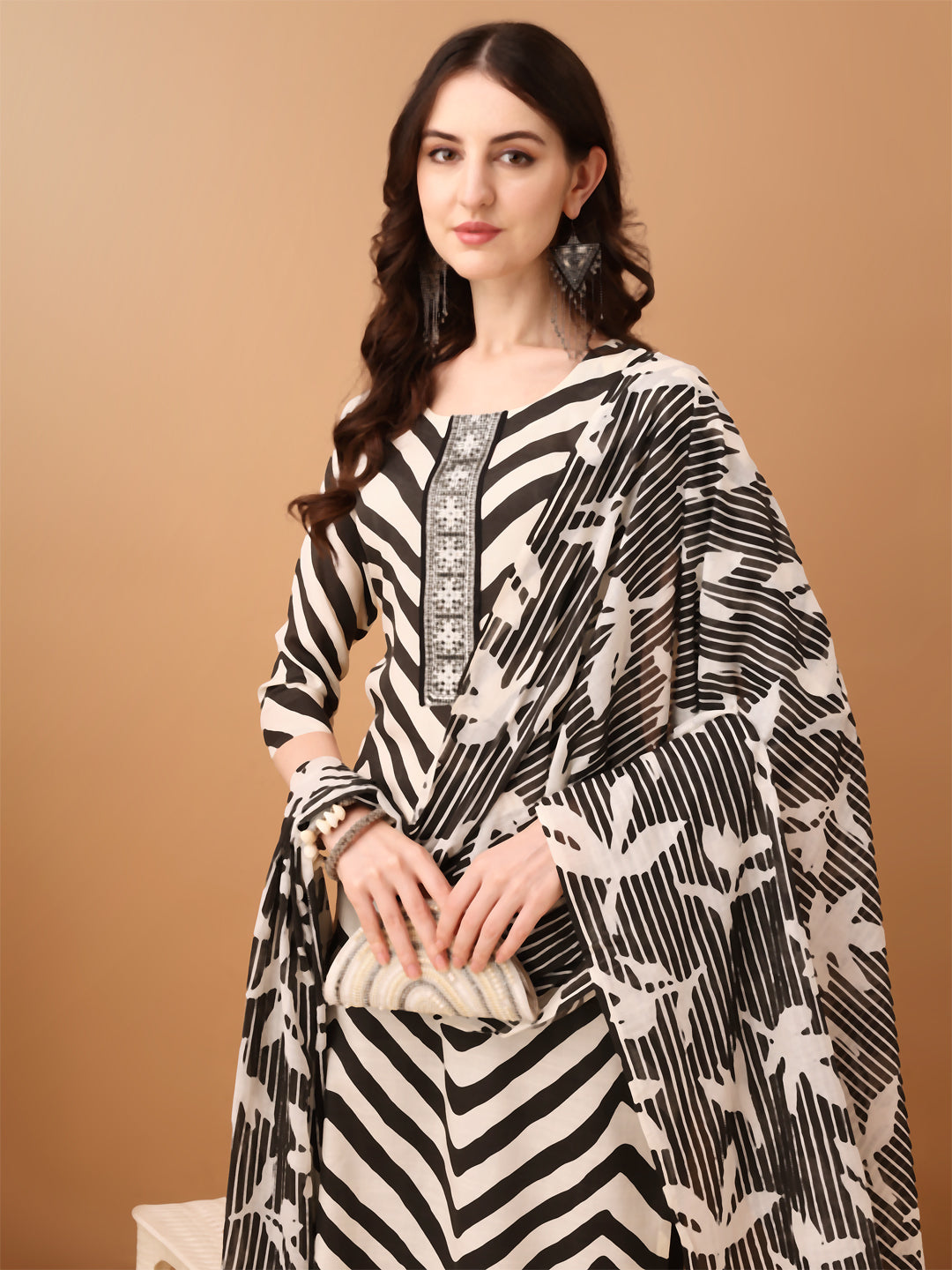 Embroidered & Printed Kurta With Pant & Printed Dupatta, Black - Hiral Fashion | Grocsy