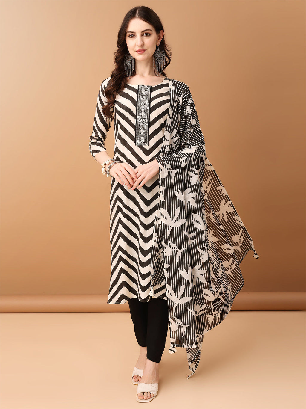 Embroidered & Printed Kurta With Pant & Printed Dupatta, Black - Hiral Fashion | Grocsy
