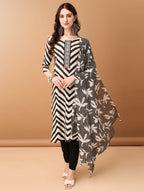 Embroidered & Printed Kurta With Pant & Printed Dupatta, Black - Hiral Fashion | Grocsy
