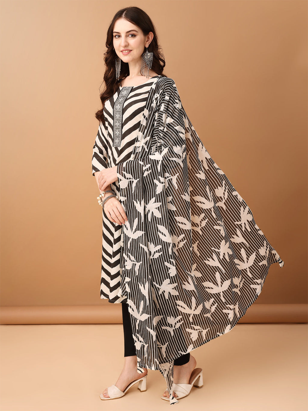 Embroidered & Printed Kurta With Pant & Printed Dupatta, Black - Hiral Fashion | Grocsy