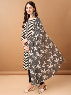Embroidered & Printed Kurta With Pant & Printed Dupatta, Black - Hiral Fashion | Grocsy