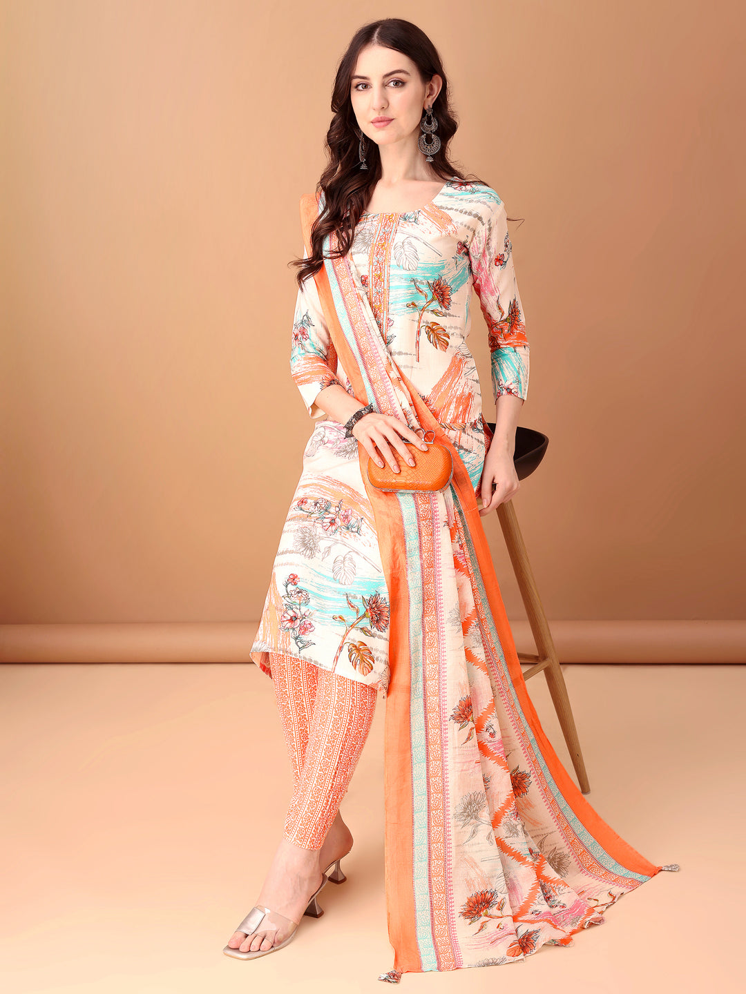 Embroidered & Printed Kurta With Pant & Printed Dupatta, Orange - Hiral Fashion | Grocsy