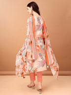 Embroidered & Printed Kurta With Pant & Printed Dupatta, Orange - Hiral Fashion | Grocsy