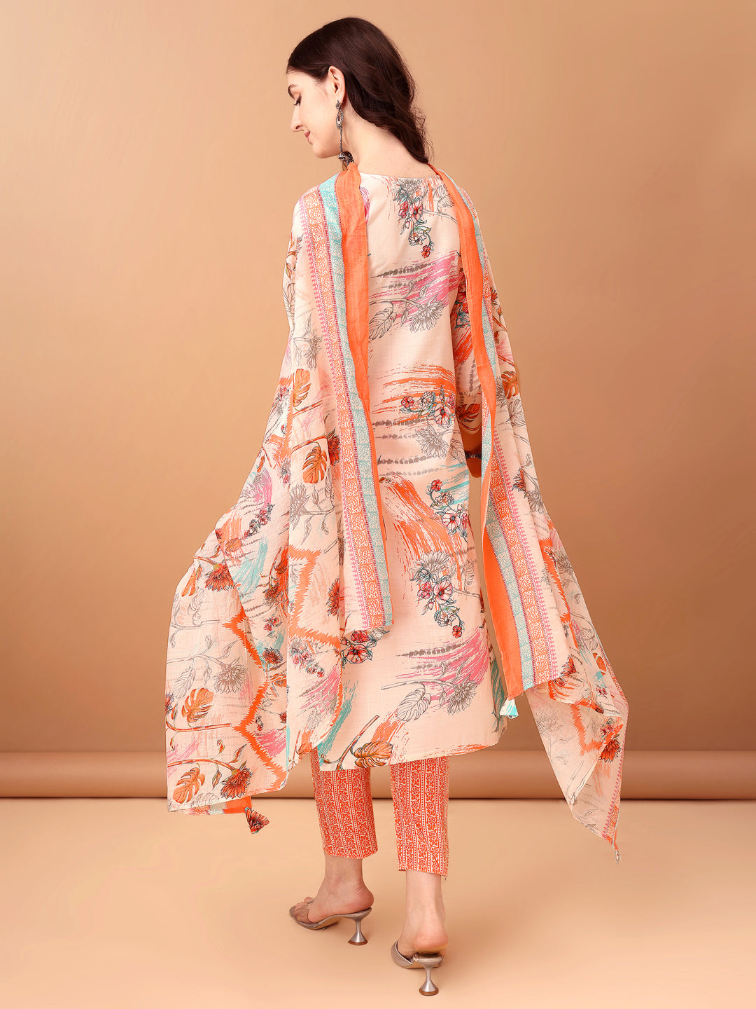 Embroidered & Printed Kurta With Pant & Printed Dupatta, Orange - Hiral Fashion | Grocsy