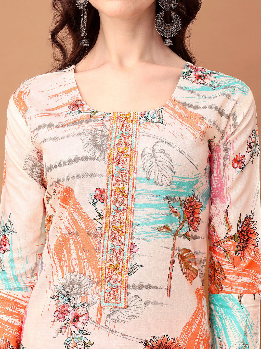 Embroidered & Printed Kurta With Pant & Printed Dupatta, Orange - Hiral Fashion | Grocsy