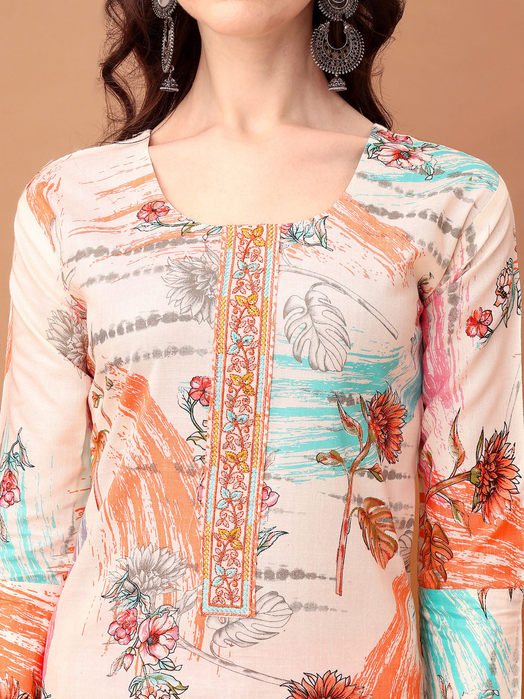 Embroidered & Printed Kurta With Pant & Printed Dupatta, Orange - Hiral Fashion | Grocsy