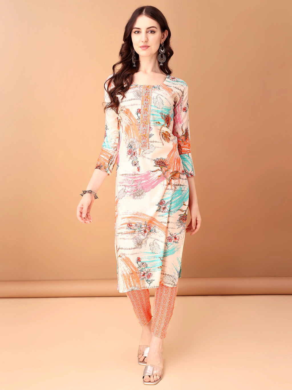 Embroidered & Printed Kurta With Pant & Printed Dupatta, Orange - Hiral Fashion | Grocsy