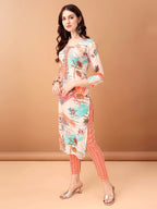 Embroidered & Printed Kurta With Pant & Printed Dupatta, Orange - Hiral Fashion | Grocsy