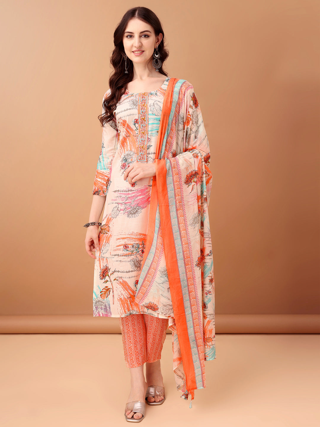 Embroidered & Printed Kurta With Pant & Printed Dupatta, Orange - Hiral Fashion | Grocsy