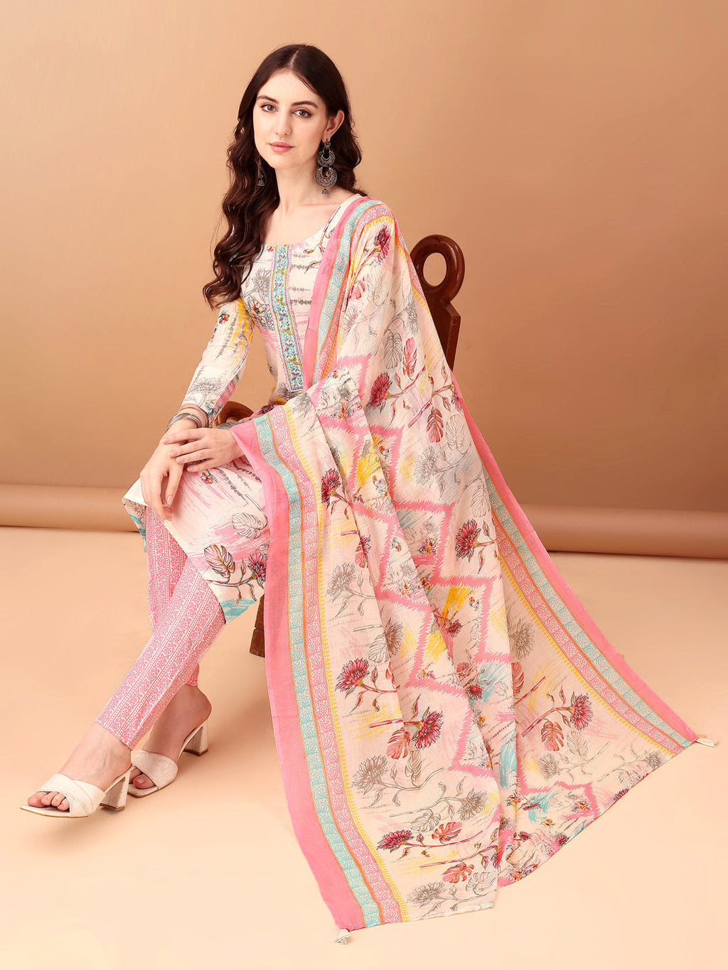 Embroidered & Printed Kurta With Pant & Printed Dupatta, Pink - Hiral Fashion | Grocsy