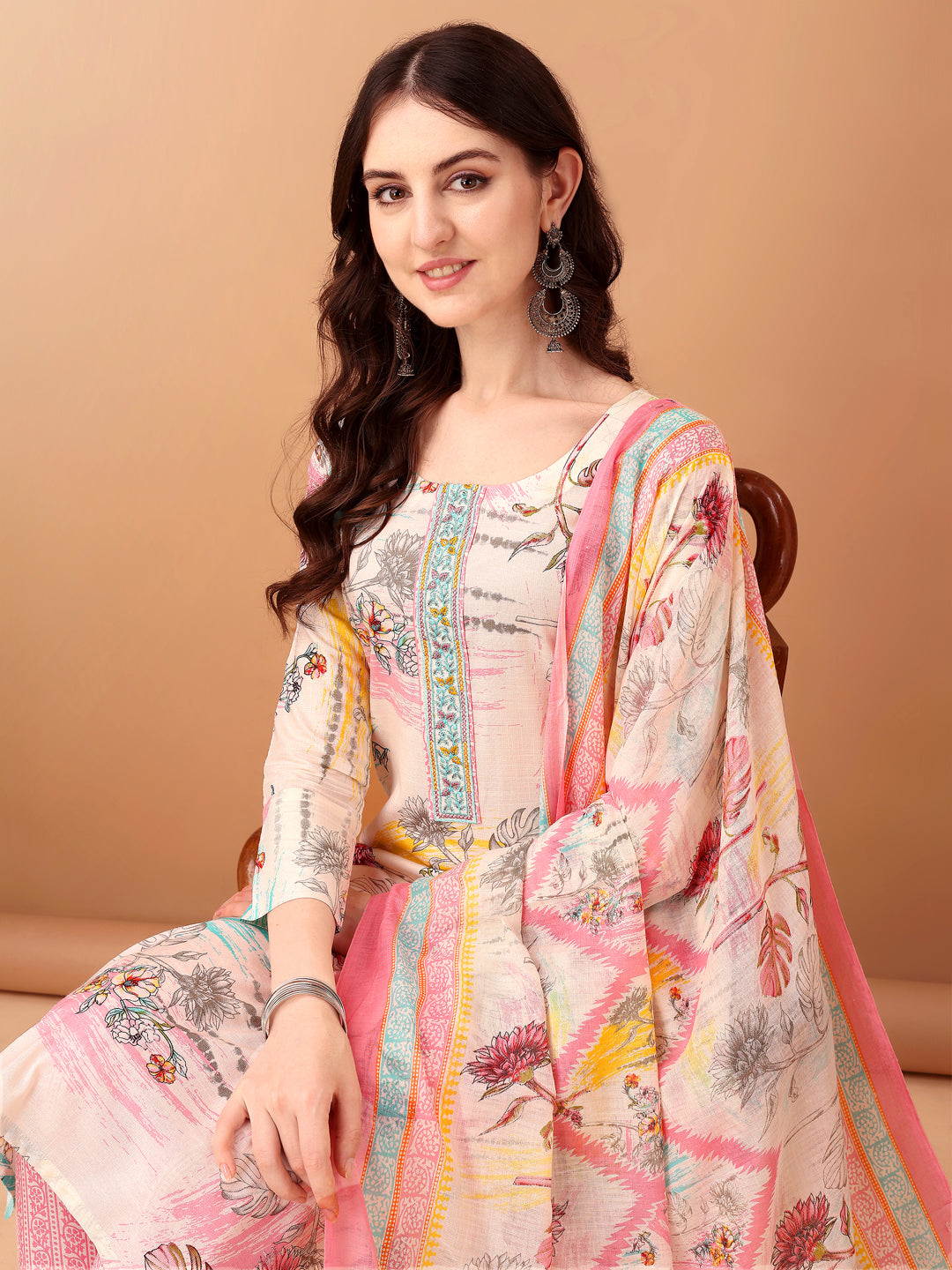 Embroidered & Printed Kurta With Pant & Printed Dupatta, Pink - Hiral Fashion | Grocsy