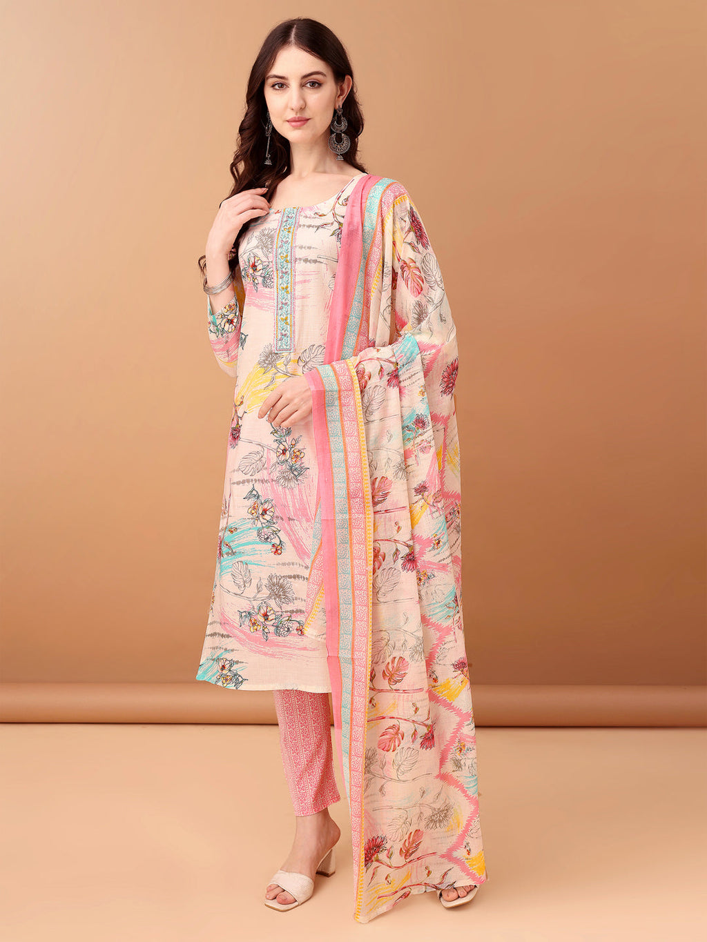 Embroidered & Printed Kurta With Pant & Printed Dupatta, Pink - Hiral Fashion | Grocsy