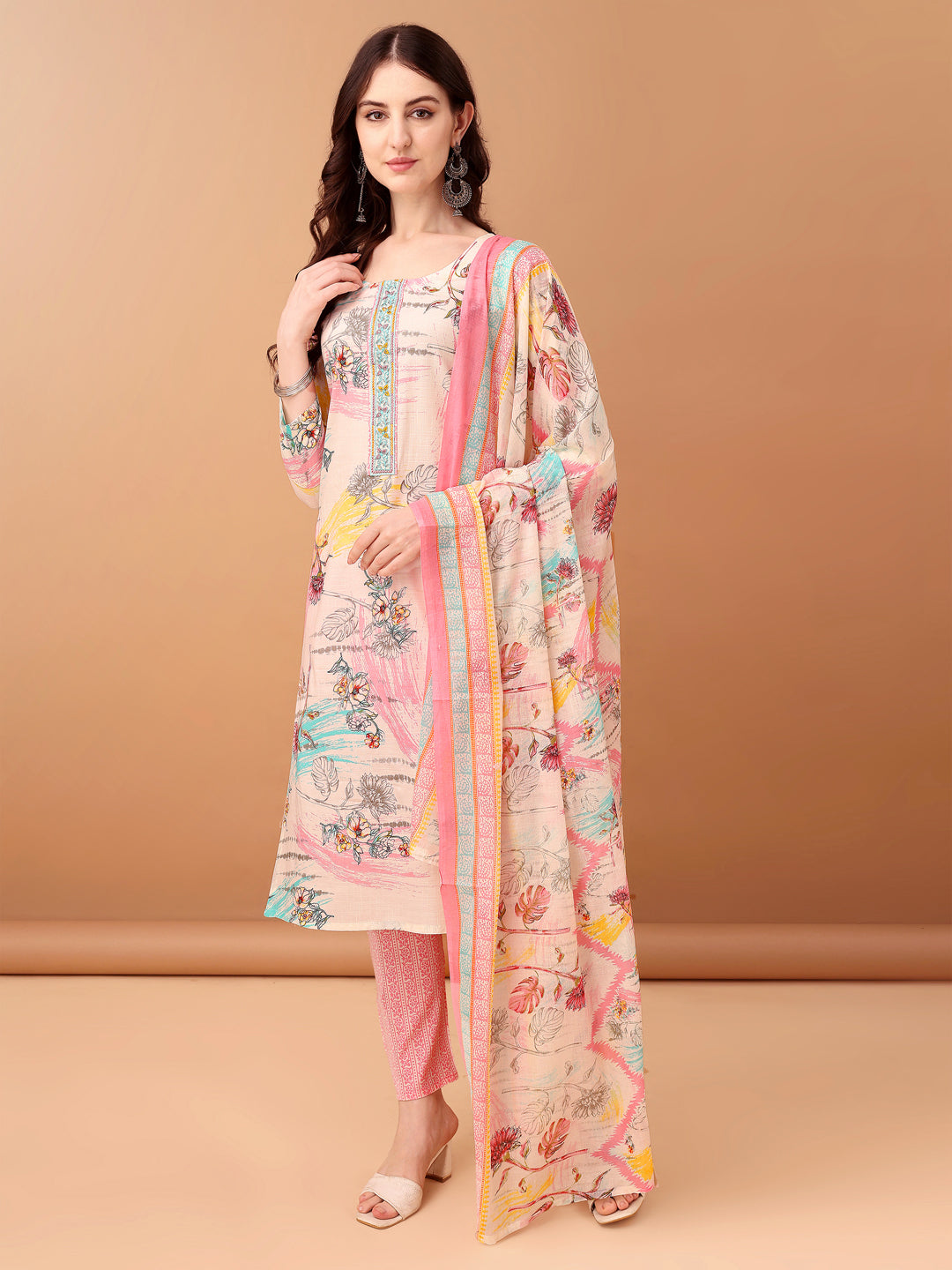 Embroidered & Printed Kurta With Pant & Printed Dupatta, Pink - Hiral Fashion | Grocsy