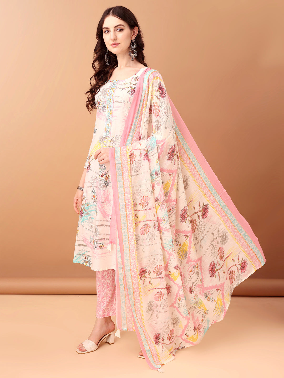 Embroidered & Printed Kurta With Pant & Printed Dupatta, Pink - Hiral Fashion | Grocsy