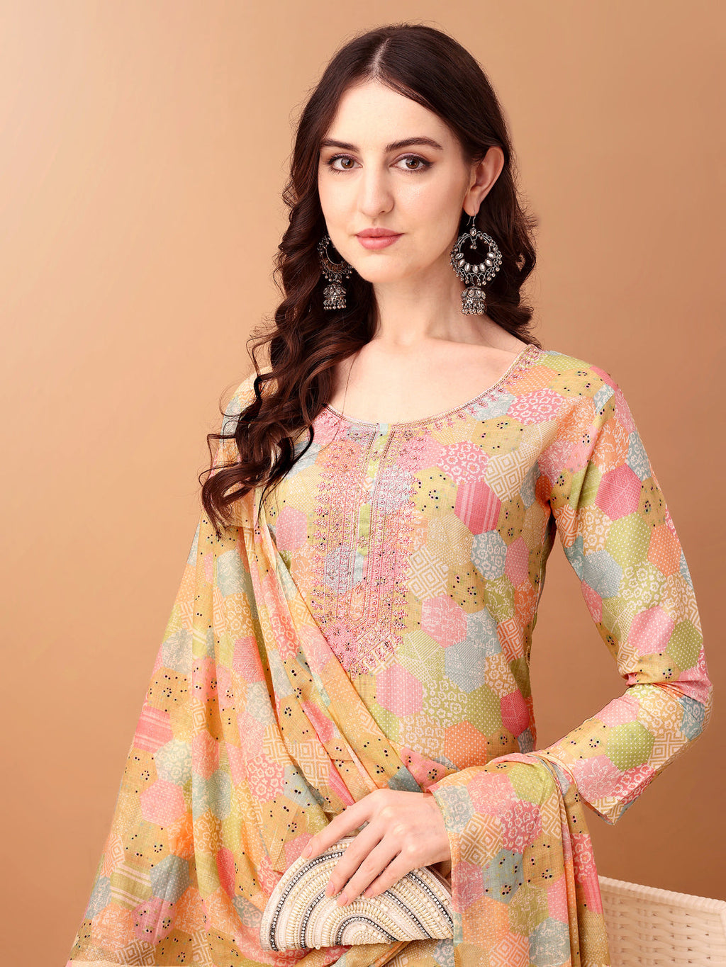 Embroidered & Printed Kurta With Pant & Printed Dupatta, Multicolor - Hiral Fashion | Grocsy