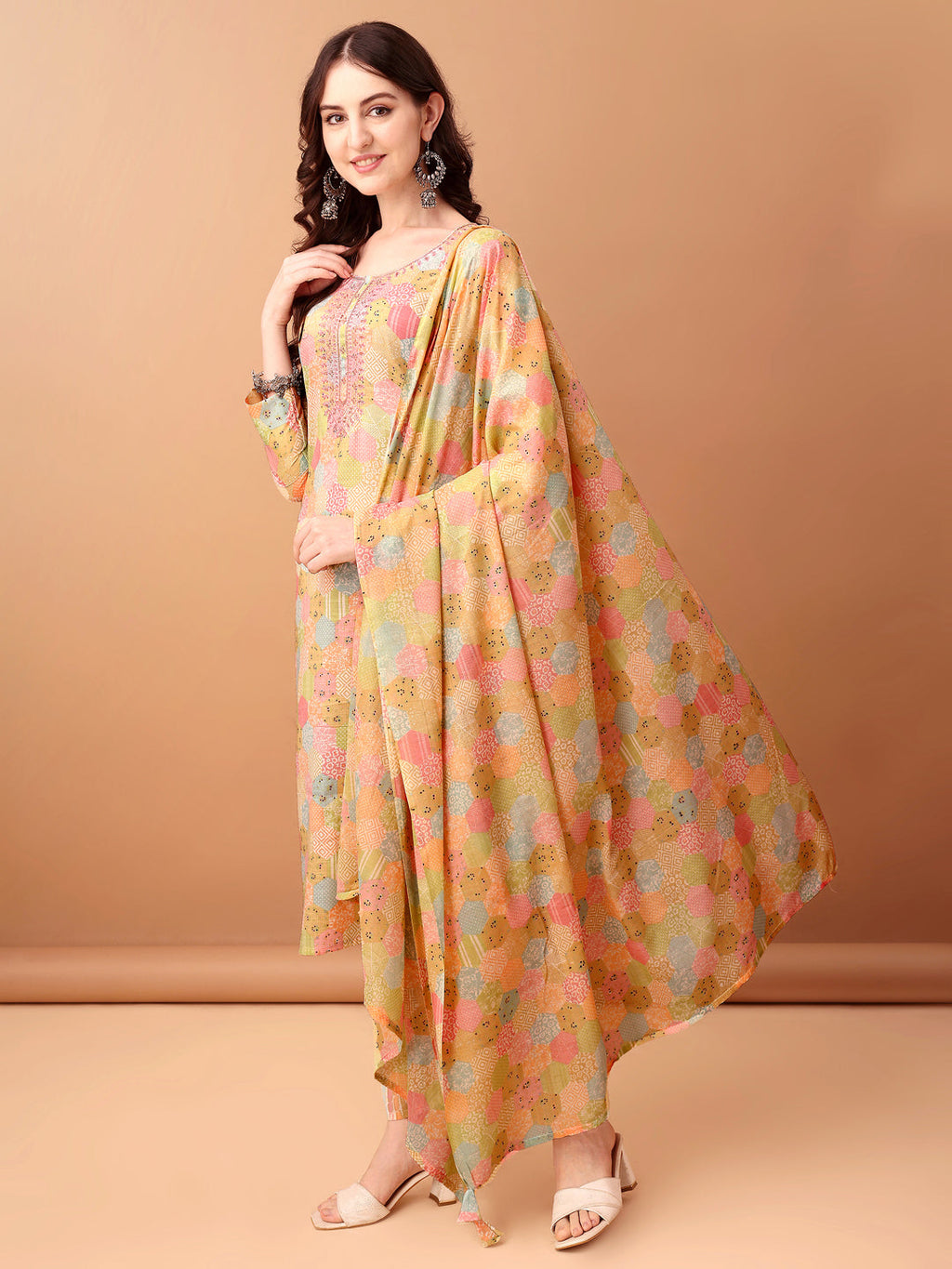 Embroidered & Printed Kurta With Pant & Printed Dupatta, Multicolor - Hiral Fashion | Grocsy