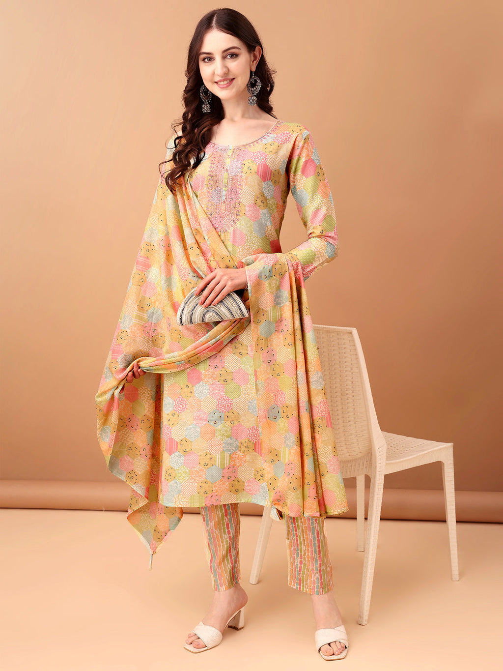 Embroidered & Printed Kurta With Pant & Printed Dupatta, Multicolor - Hiral Fashion | Grocsy