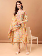 Embroidered & Printed Kurta With Pant & Printed Dupatta, Multicolor - Hiral Fashion | Grocsy