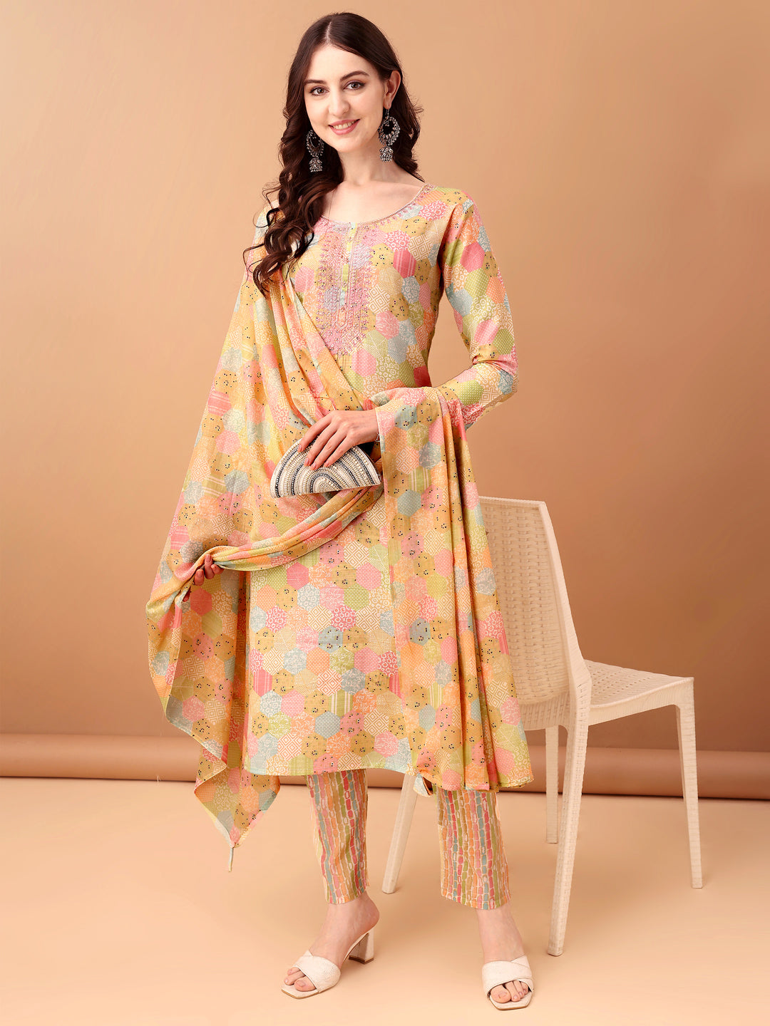 Embroidered & Printed Kurta With Pant & Printed Dupatta, Multicolor - Hiral Fashion | Grocsy