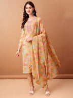 Embroidered & Printed Kurta With Pant & Printed Dupatta, Multicolor - Hiral Fashion | Grocsy