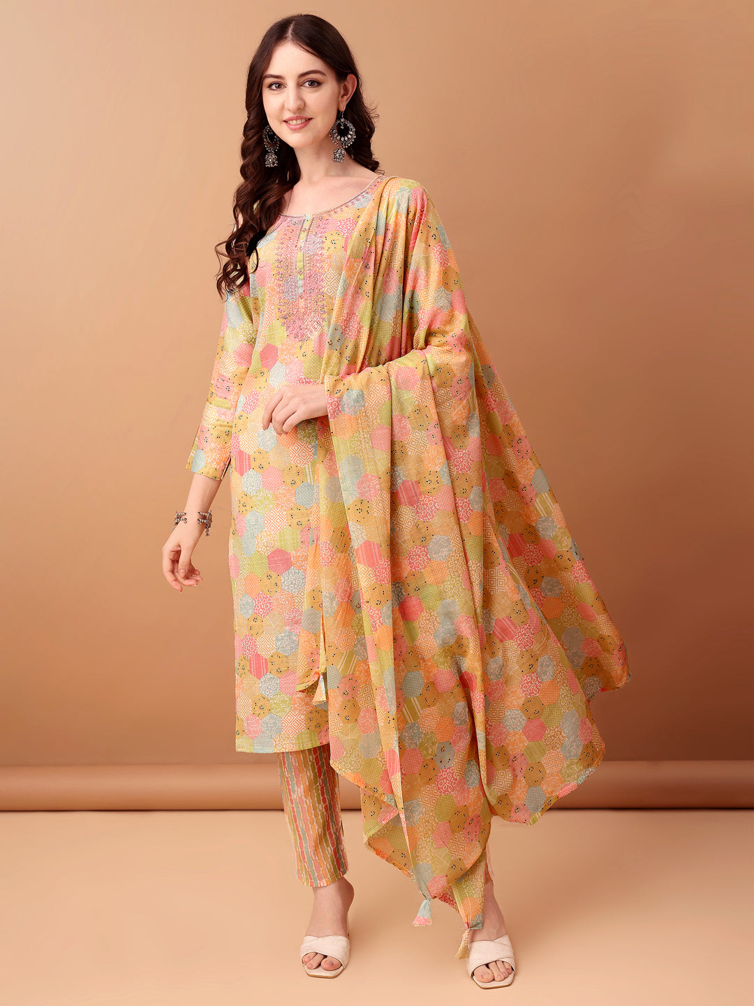 Embroidered & Printed Kurta With Pant & Printed Dupatta, Multicolor - Hiral Fashion | Grocsy