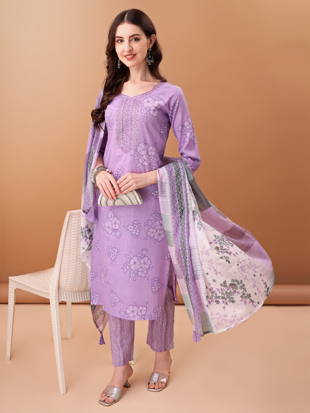 Embroidered & Printed Kurta With Pant & Printed Dupatta, Purple - Hiral Fashion | Grocsy