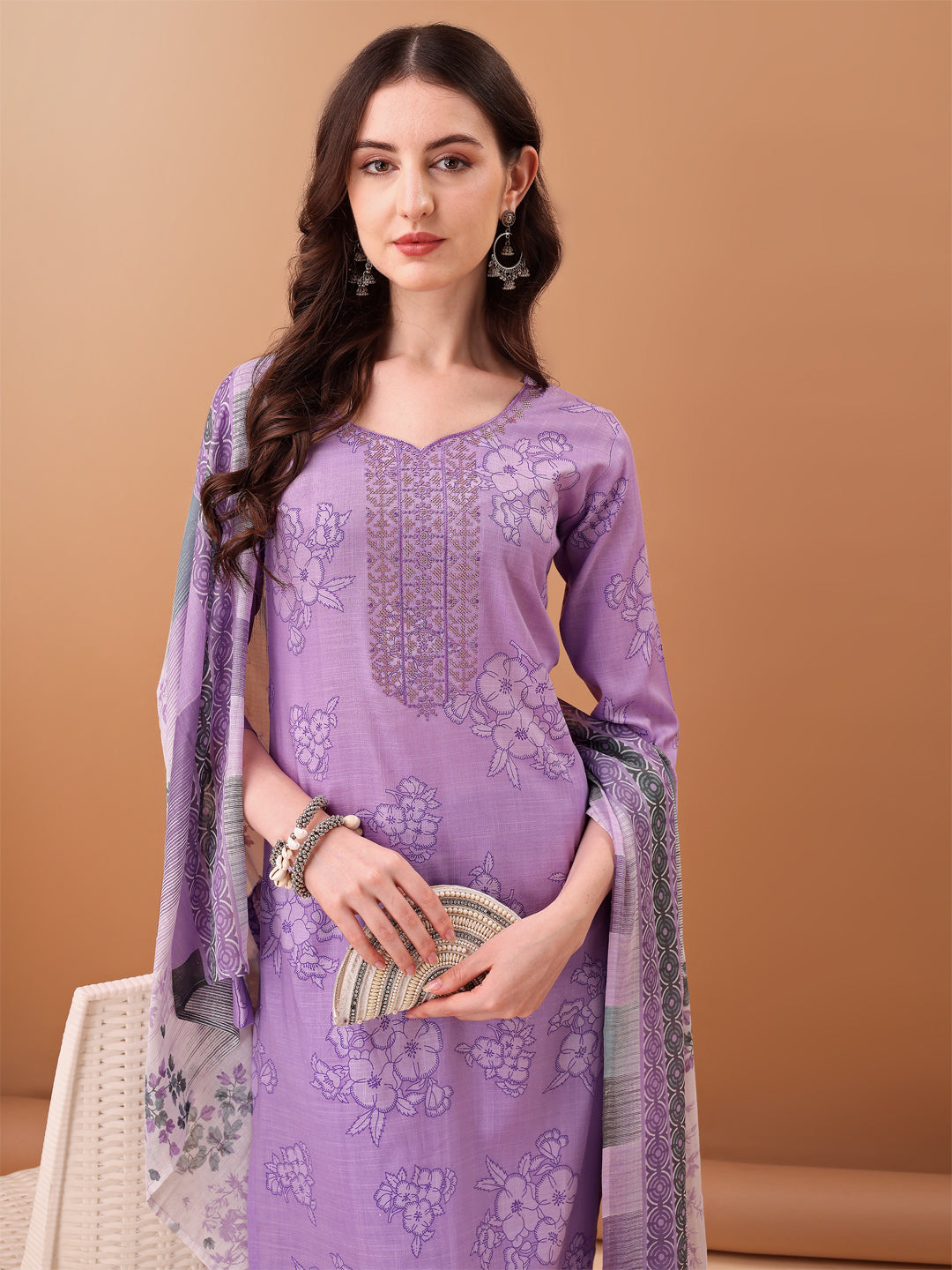 Embroidered & Printed Kurta With Pant & Printed Dupatta, Purple - Hiral Fashion | Grocsy