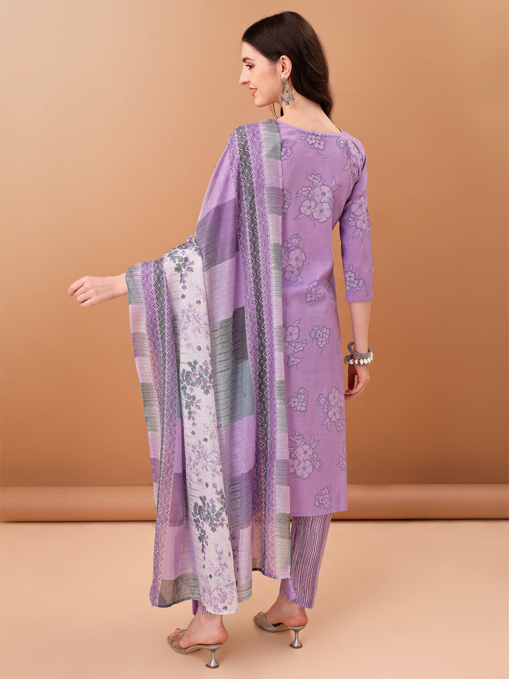 Embroidered & Printed Kurta With Pant & Printed Dupatta, Purple - Hiral Fashion | Grocsy