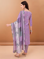 Embroidered & Printed Kurta With Pant & Printed Dupatta, Purple - Hiral Fashion | Grocsy