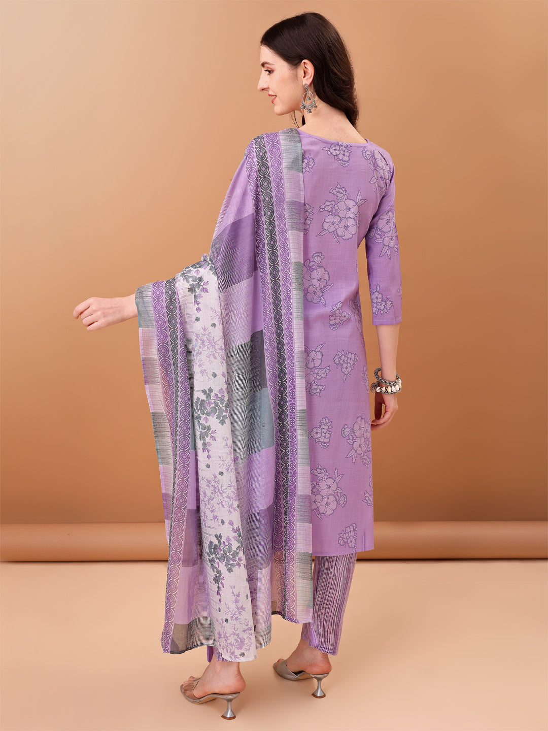 Embroidered & Printed Kurta With Pant & Printed Dupatta, Purple - Hiral Fashion | Grocsy