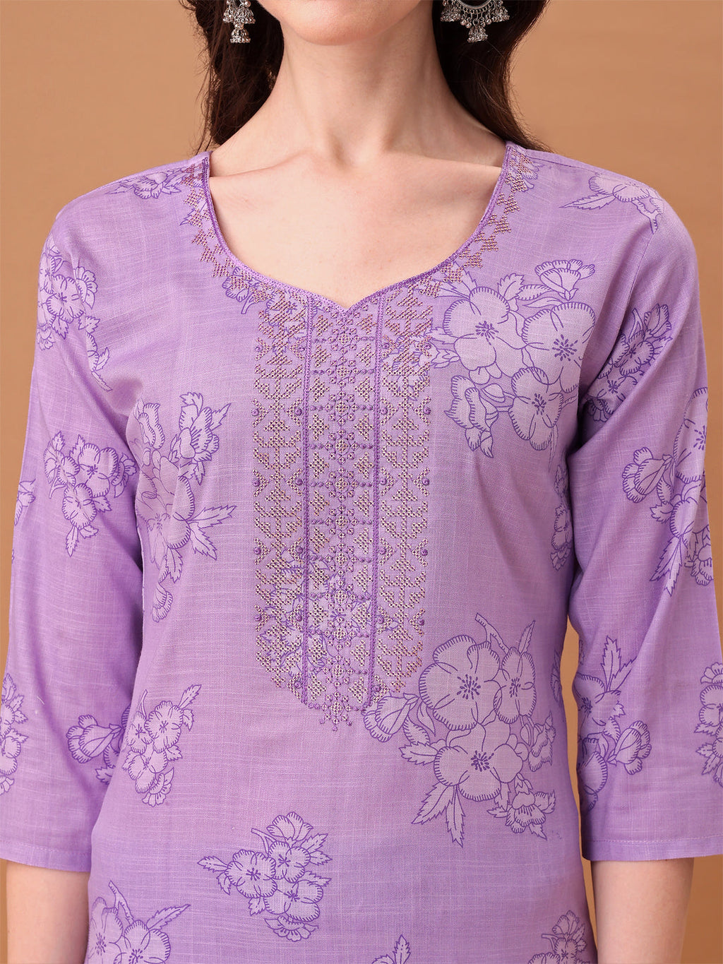 Embroidered & Printed Kurta With Pant & Printed Dupatta, Purple - Hiral Fashion | Grocsy