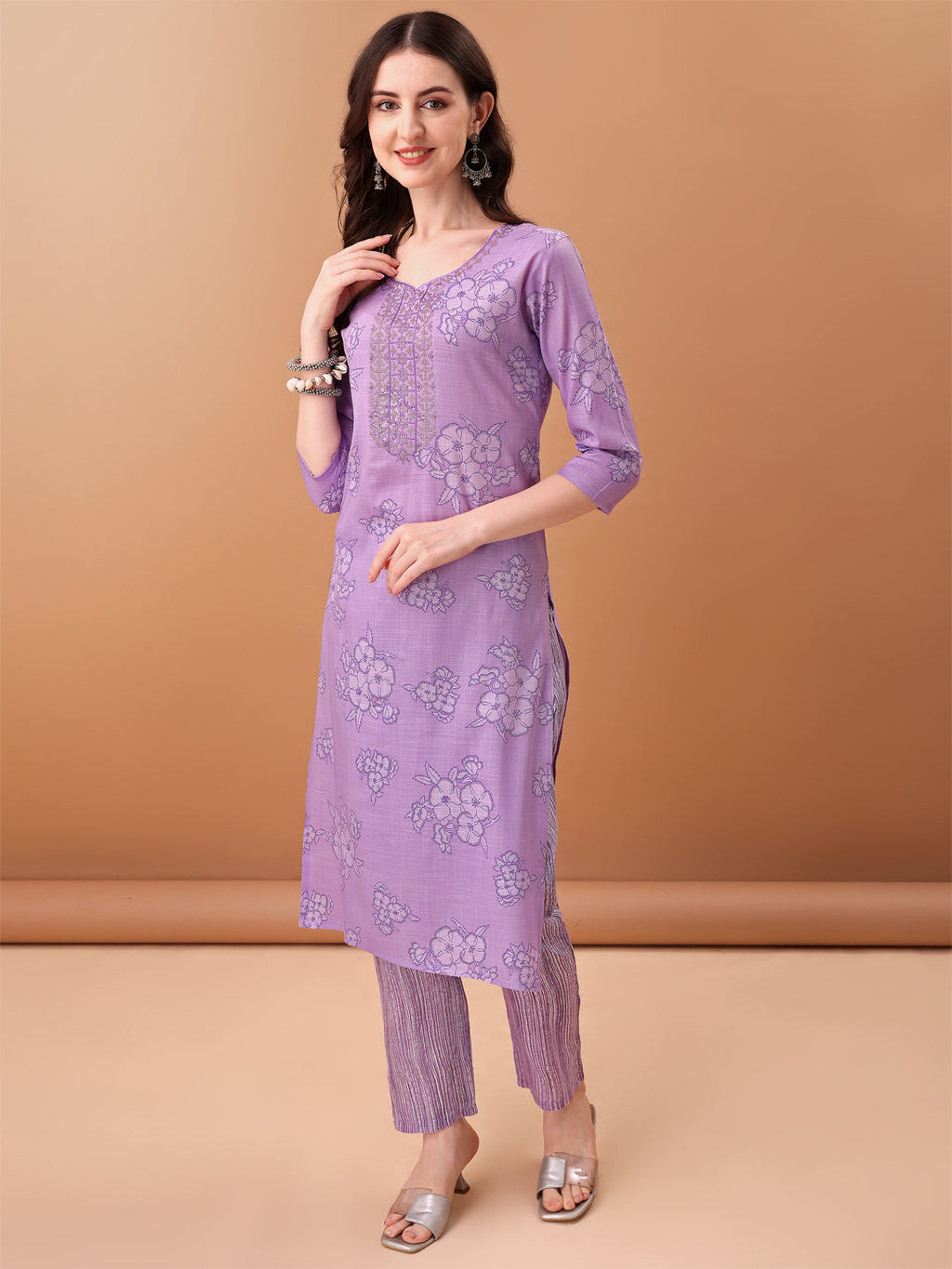 Embroidered & Printed Kurta With Pant & Printed Dupatta, Purple - Hiral Fashion | Grocsy