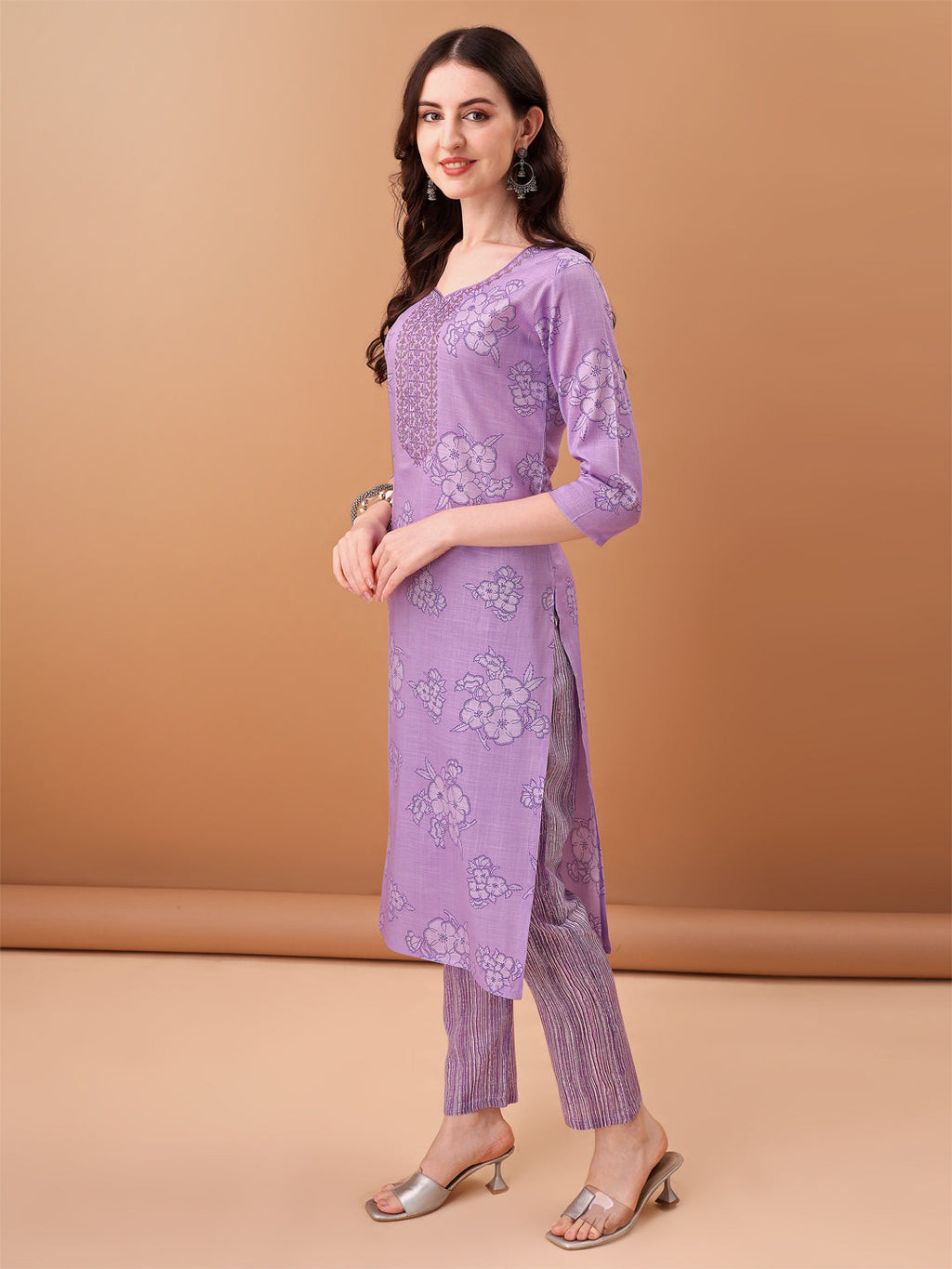 Embroidered & Printed Kurta With Pant & Printed Dupatta, Purple - Hiral Fashion | Grocsy