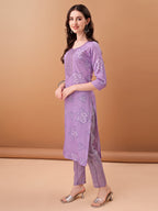 Embroidered & Printed Kurta With Pant & Printed Dupatta, Purple - Hiral Fashion | Grocsy