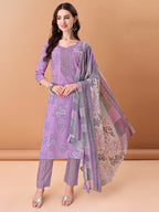 Embroidered & Printed Kurta With Pant & Printed Dupatta, Purple - Hiral Fashion | Grocsy