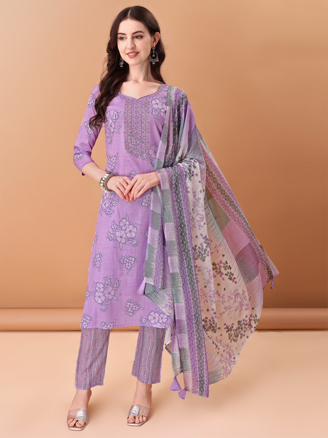 Embroidered & Printed Kurta With Pant & Printed Dupatta, Purple - Hiral Fashion | Grocsy
