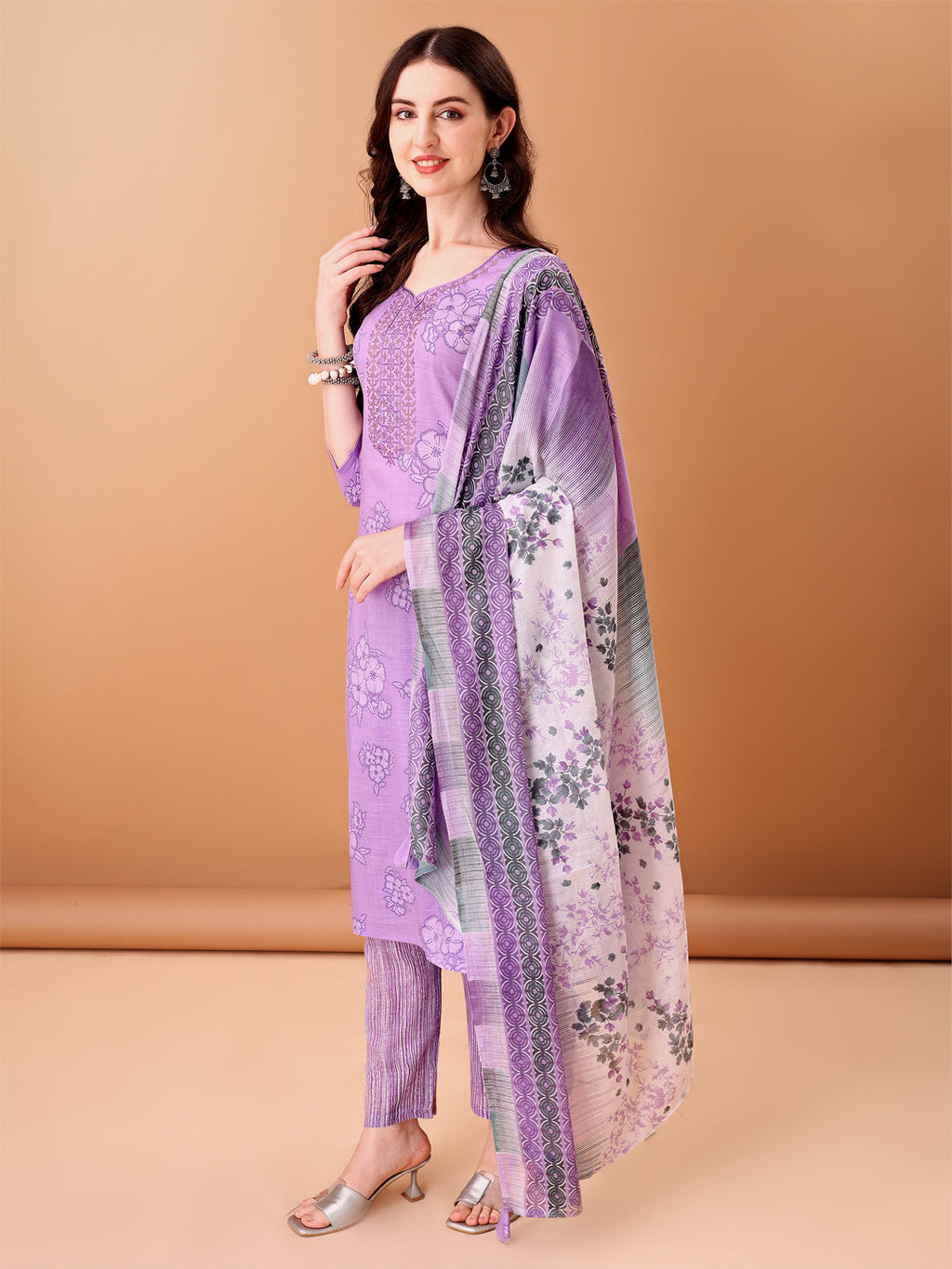Embroidered & Printed Kurta With Pant & Printed Dupatta, Purple - Hiral Fashion | Grocsy